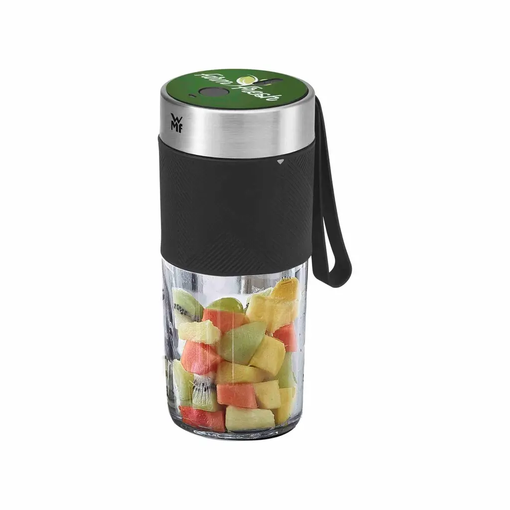 WMF KITCHENminis Mix on the Go  Fresh smoothies within 40 seconds Charge with USB cable Only 500 grams and easily fits in your bag Made of Cromargan®  The WMF KITCHENminis Mix on the Go can be personalised with an engraving, a Max Print on the top and a sleeve.