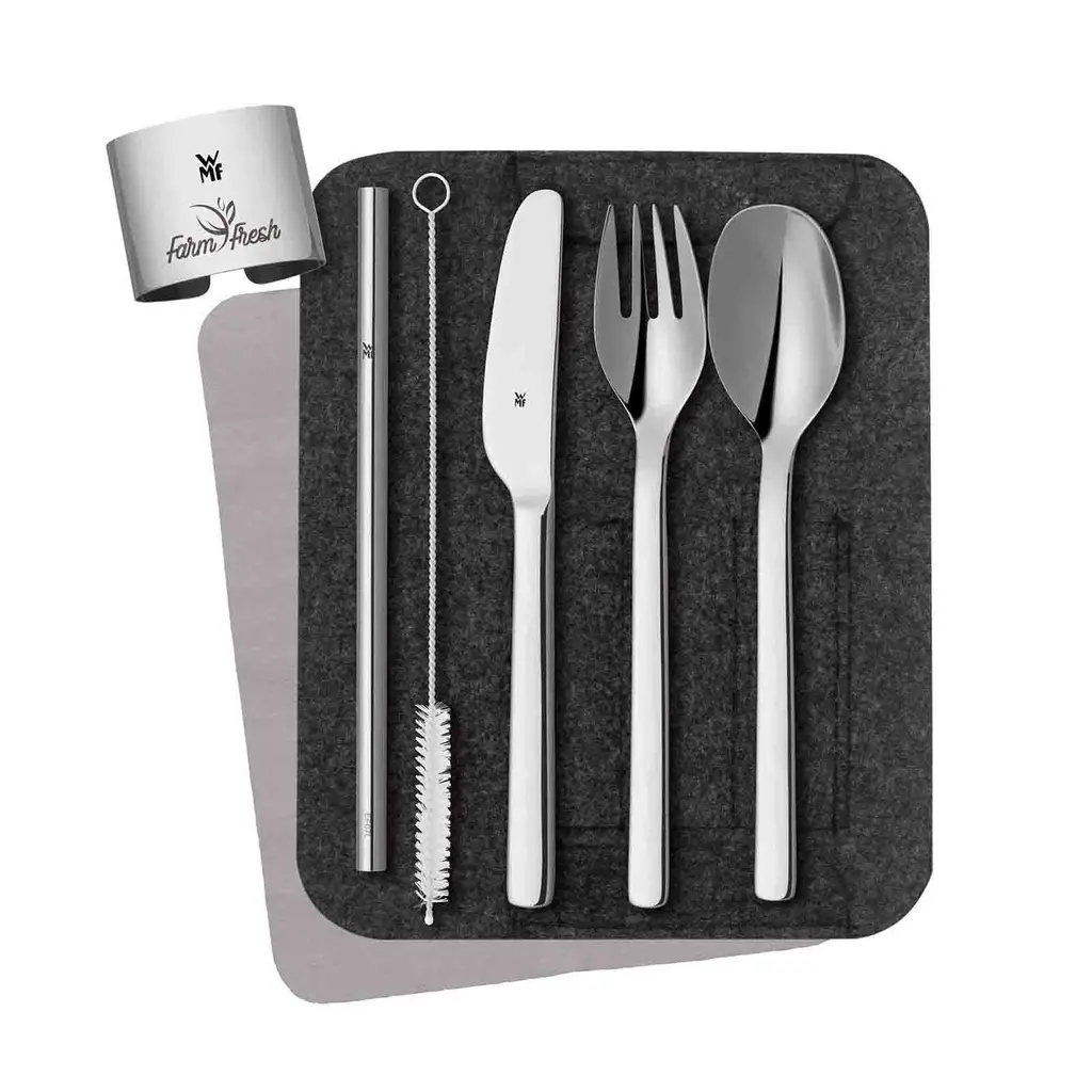 WMF My2Go Cutlery Set Silver  Sustainable and re-usable 8 pieces in a set Rustproof and dishwasher safe Made of Cromargan®  Personalisation with an engraving and a sleeve